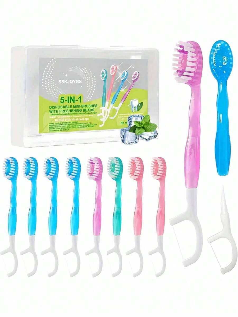 20/10pcs Mini Travel Toothbrush, 5-In-1 Pre-Attached Mini Brush + Floss + Pickaxe + Tongue Scraper, Portable Toothbrush With Fresh Beads