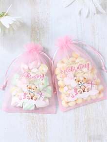 10个粉色小熊图案欧根纱礼品袋，粉色小熊感谢礼品包装袋，婴儿派对礼品袋，糖果袋，生日派对回礼袋，性别揭晓派对礼品包装用品，束口糖果袋，泰迪熊生日装饰，婴儿派对装饰，婴儿派对礼物，派对礼品 - 粉紅色小熊 - 查看 1