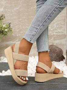 Women's High Heel Casual Vacation Style Fashion Sandals, Elastic Band Minimalist Summer Slip-On Round Toe Shoes, Suitable For Students And Office Workers - Beige - View 2