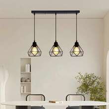 1个现代简约工业风三头菱形铁艺吊灯，E27灯座，硬线连接，适用于餐厅、酒吧、卧室、书房、客厅，创意吊灯，楼梯照明，不含灯泡 - 黑色 - 查看 4