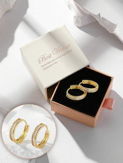 1 Pair Elegant Cubic Zirconia Hoop Earrings, Versatile For Women's Party And Daily Wear, Made Of Copper Material That Resists Fading And Allergies, Suitable As Holiday Gift