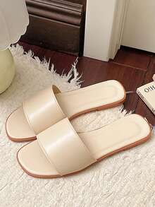 Women's Casual Beach Slippers, Minimalist Style, Solid Color, Flat, Comfortable - Beige - View 1