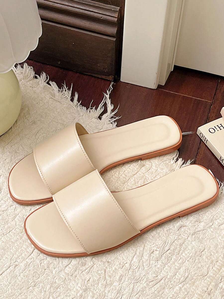 Women's Casual Beach Slippers, Minimalist Style, Solid Color, Flat, Comfortable - Beige - View 1