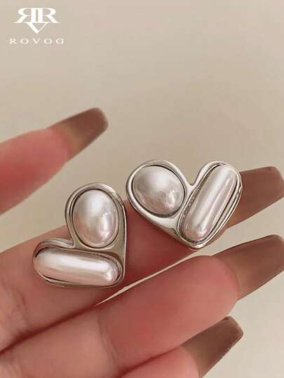 1 par de pendientes elegantes con forma de corazón asimétrica y perla, adecuados para uso diario casual, fiesta y citas para mujeres