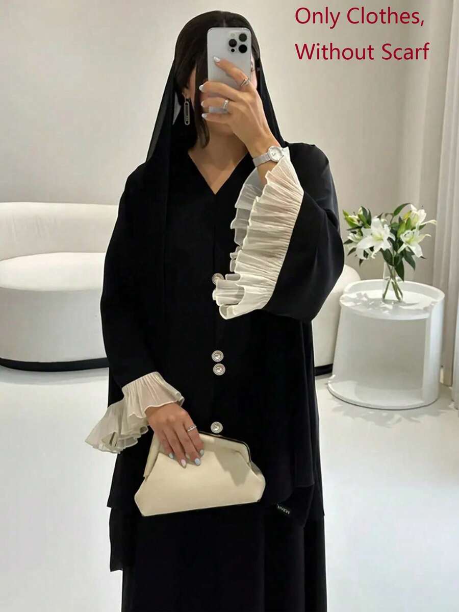 Vestido maxi casual de mujer con cuello en V elegante, decoración de botones, puños con volantes y contraste de color, adecuado para boda, fiesta y uso diario, estilo holgado de Oriente Medio en color negro para primavera - Negro - Ver 1