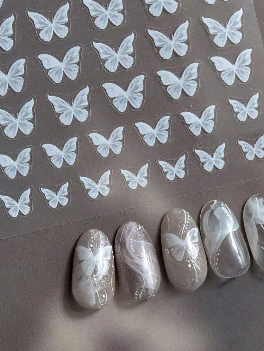 1片白色线条蝴蝶美甲装饰贴纸，精致百搭，温柔优雅，3D立体浮雕美甲装饰，与美甲沙龙美甲贴纸风格相同 - 彩色 - 查看 1