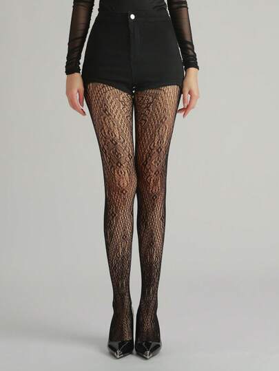 1pc Women's Sexy Skinny Pants, Vintage Plaid Jacquard Hollow-Out Fishnet Stockings, Thin Gothic Style Pantyhose, Black Tights, Fashion Versatile, Suitable For Halloween, Christmas