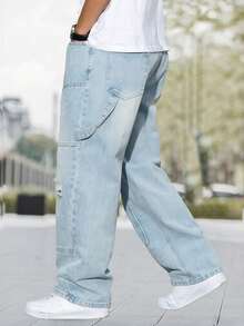 Men's Fashion Distressed Patch Embroidered Wide Leg Jeans - Light Wash - View 5