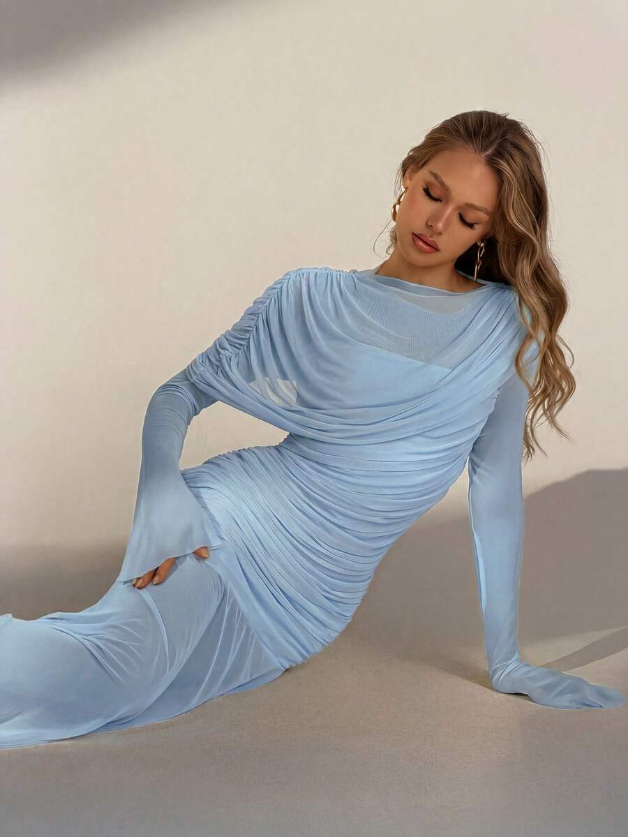 Đầm xanh dương thanh lịch, vai lệch, tay voan mỏng - xếp nếp, nhiều lớp, thích hợp cho đi biển, nghỉ mát, dự tiệc, đám cưới, dạo phố thường ngày, mùa xuân/hè. - Màu xanh nhạt - Xem 1