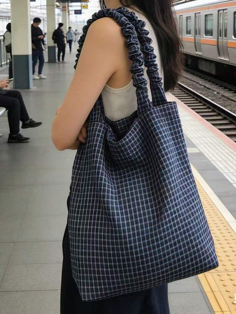 复古格纹褶皱手提包，轻便休闲托特包，适合学生和职业女性