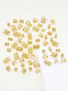 60pcs Multi-Style Hair Rings Collection - Versatile Alloy Hair Cuffs With Adjustable Designs, Boho Hair Jewelry For Men & Women's Dreadlocks & Braided Hairstyles - Gold - View 5