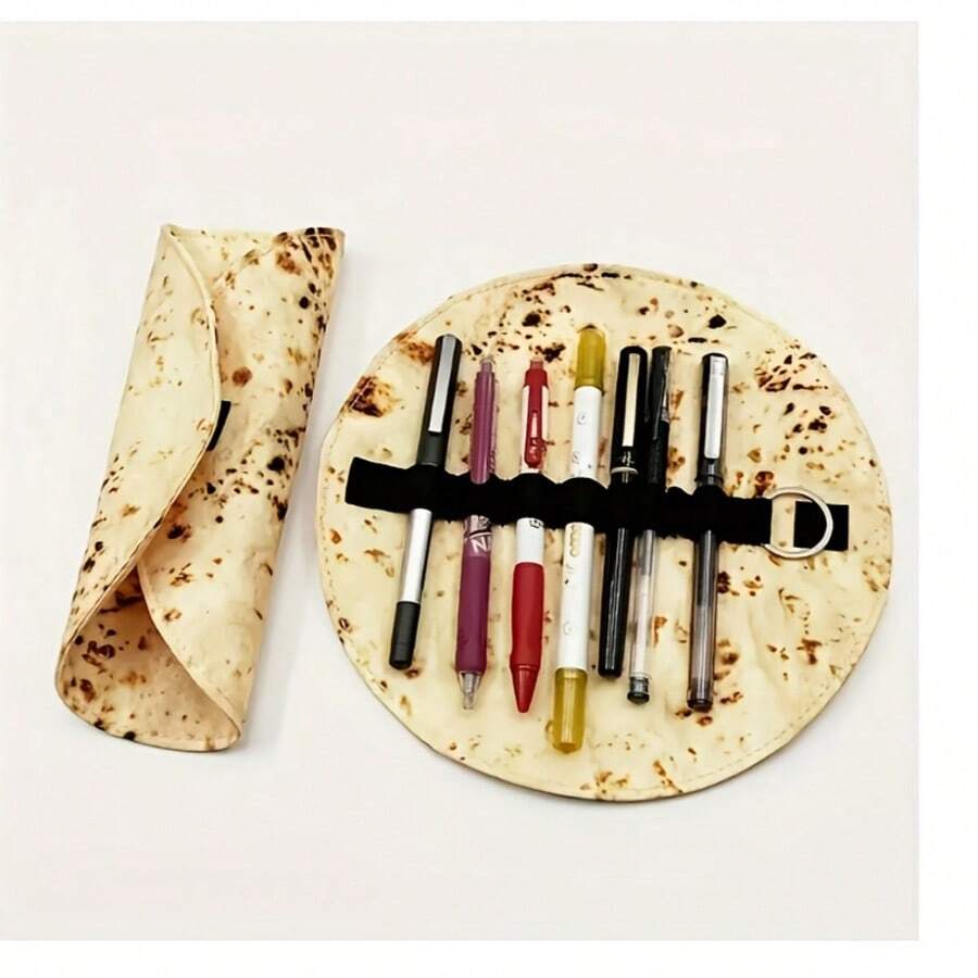 1pc Canvas Rolled Pencil Case, Burrito Design, Portable Stationery Organizer, Mexican Burrito Pencil Pouch - A - View 1