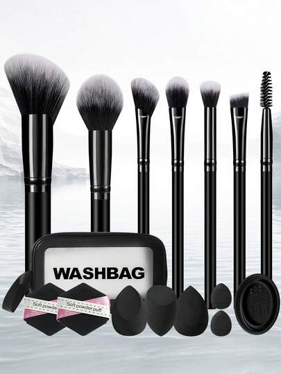 17-Piece Professional Makeup Brush And Beauty Sponge Set: Includes 7 Makeup Brushes (For Setting Powder, Blush, Highlighter, And Eyeshadow) + 3 Ultra-Soft, Non-Absorbent Beauty Sponges + 4 Portable Powder Puffs, Along With A Brush-Cleaning Bowl And A Portable Letter-Printed Makeup Bag-Comprehensive Makeup Tool Set.