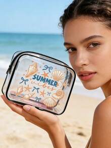 贝壳沙滩夏季字母图案多功能透明防水PVC包，旅行化妆包，旅行洗漱包，旅行洗漱包，主题沙滩包，男女通用，迎接夏天，商务旅行，浴室用品，旅行必备，邮轮必备，女士派对装扮（拉链款式随机） - 黑與白 - 查看 5