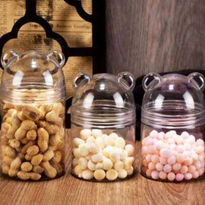 1PC Cute Bear Design Plastic Storage Jar, Transparent Multi-Purpose Container With Waterproof Flip Lid, Modern Style For Home, Party, Festival Decor & Gift