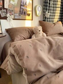 2/3件套花卉、蝴蝶结、条纹和格子图案被套套装，包含1个被套和1/2个枕套，面料柔软透气，可机洗，适用于双人床、大号床和特大号床，可机洗 - 鏽棕色 - 查看 7