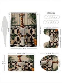 1/4件套蹲伏长颈鹿卡通印花防水浴帘套装，包含12个挂钩、防滑垫、U型垫和圆形马桶盖套，加厚涤纶材质，解决浴室积水问题 - A - 查看 3