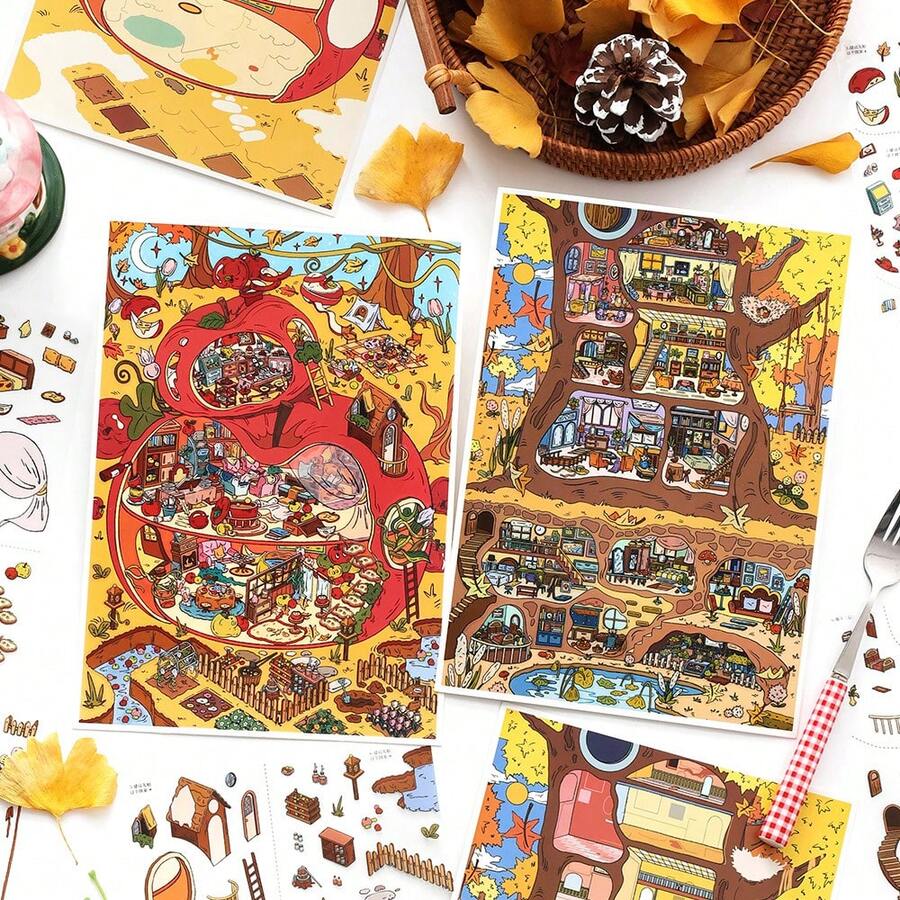 1 Pack, My Little House Series No.25 Landscape Stickers, Apple House And Tree House Design, Suitable For Scrapbooking Accessories, Notebook Stickers, Phone Cases, Water Bottles, Albums, Diaries, Notebooks, Trash Diaries, Arts And Crafts Decorative Stickers, Scrapbooking Stickers Scrapbook Supplies Stationery Funny Stickers Kindle - Sticker - View 1