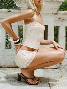 Women Sparkly Cami Top And Short Skirs Set Sequin Spaghetti Strap Glitter Crop Top Sleeveless Going Out Tops Party Concert Outfits - 白色 - 查看 4