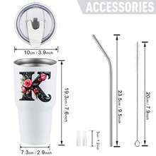 30oz Stainless Steel Tumbler Black White Options,  K Initial With Pink Roses And Green Leaves Graphic Cups, Insulated Travel Coffee Mug With Lid And Straw , Double Wall Vacuum Reusable Travel Cups, Funny Birthday Party Gift For Women & Men - 白色 - 查看 3