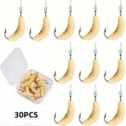 30 piezas/caja Señuelos de pesca tipo gusano blando con anzuelo, cebo para agua dulce para trucha, lubina