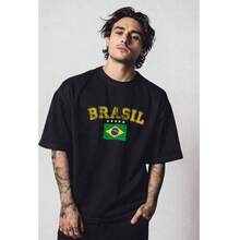 Brazil Unisex Oversized T-Shirt, Football World Cup Basic, 100% Brazilian Cotton, Top Quality, On - 黑色 - 查看 2