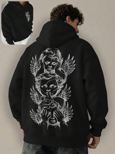 Moletom Masculino Anjos Querubins Dark Tattoo Style Estampa Costas Streetwear Aesthetic Com Capuz Tumblr