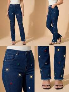 pthirillo Women's Dark Blue Flare Jeans With Butt-Lifting, High Waist, And Rhinestone Detail - Premium Rhinestone Jeans - 彩色水鑽 - 查看 5