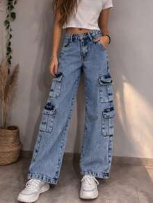 Girls' 4-Pocket Cargo Pants, Wide Leg Jeans - 大理石紋 - 查看 1
