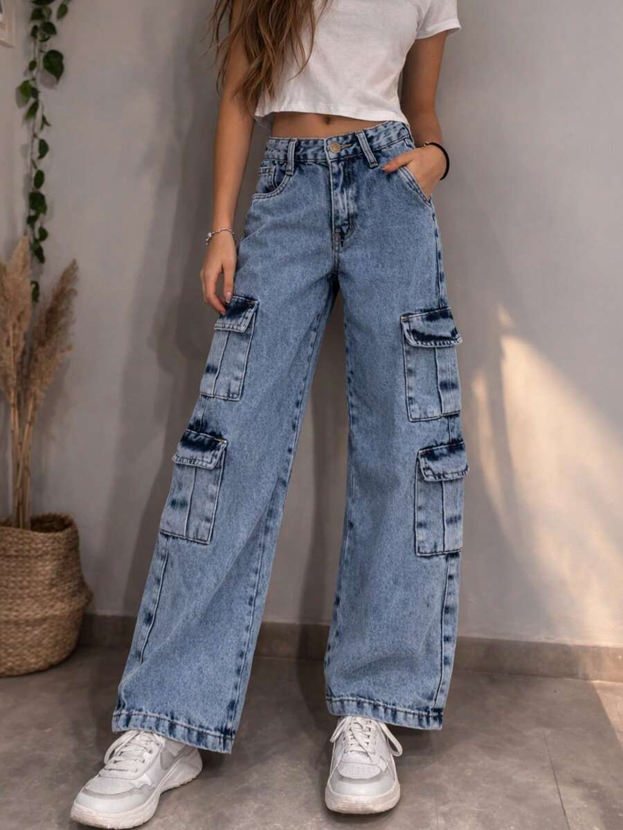 Girls' 4-Pocket Cargo Pants, Wide Leg Jeans - 大理石紋 - 查看 1