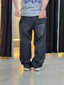 Calça balão baggy Jeans Boca Larga Skate Street Estilosa Moda Masculina Feminina Preta - Preto - Visão 7