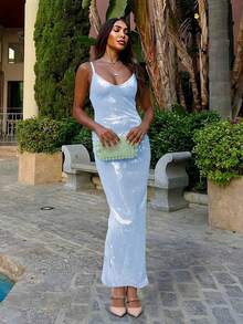 Fashionable Backless Sequin Slip Dress For Party - Baby Blue - View 2
