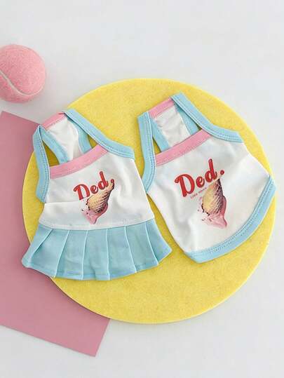 Cute Ice Cream Print Pet Couple Dress & Tank Top - Spring Summer Breathable Dog Clothes For Small Medium Dogs Cats, BFF Matching Pet Outfit, Fashion Pet Apparel For Chihuahua Yorkie