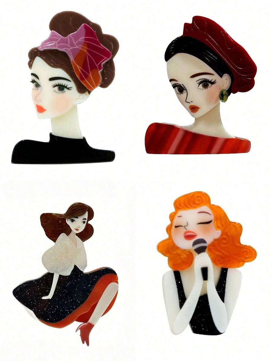 1pc Elegant Vintage Woman Wearing Headscarf & Dress Portrait Brooch, Handmade Acrylic Board Spring/Summer New Fashion Lapel Pin Backpack Accessory - Acrylic Brooch - View 1