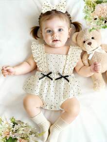 Baby Girls' Cute Square Collar Ruffle Double Bow Button Front Romper, Fashionable & Versatile Baby Girl Clothing For Spring/Summer, Suitable For Daily, Party, Outing - White - View 3