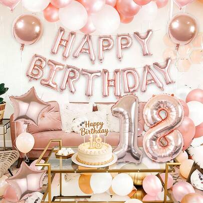 19件套玫瑰金生日派对装饰套装，包含16英寸玫瑰金“生日快乐”字母气球、32英寸数字气球、18英寸4D圆形气球和星星气球，适用于生日派对、周年纪念、甜蜜场合装饰、派对装饰、拍照道具。