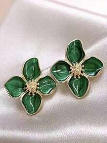 1 par de Pendientes de estilo ins clásico de Europa y América con viento retro de Hong, con patrón de flores rojas esmaltadas, joyería de pendientes de botón - Verde - Ver 3