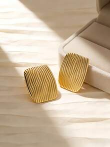 Rectangular Gold-Plated Stainless Steel Stud Earrings. Simple, Irregular, Modern, Thick Chain Type, Exaggerated Square Earrings. Suitable For Parties, Dates, Weddings, Concerts, Beach Vacations And Various Occasions. - Multicolor - View 2