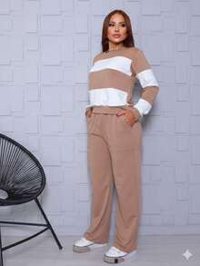 Women's Lightweight Fleece Striped Blouse And Wide-Leg Pants Comfortable Casual Premium Conservative / Modest Elegant - Lạc đà - Xem 1