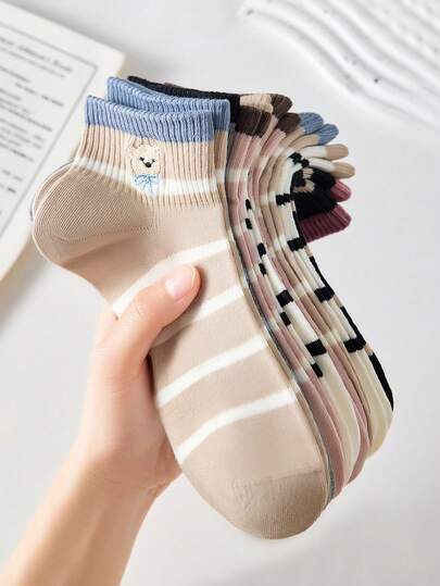 5 pares de calcetines cortos invisibles con diseño de rayas y oso, calcetines de tobillo y calcetines de tripulación para mujer, transpirables y lindos, para regalo, calcetines blancos y negros para uso diario y casual, adecuados para primavera y verano, para todas las estaciones