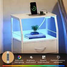 Tall 4-Drawer Bedside Table With Charging Station & LED Light, Fabric Storage Bins, Open Wood Shelf Modern Nightstand, - Xem 6
