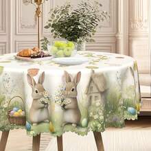 1 pieza Mantel de fiesta de primavera/verano con tema de Pascua, diseño impreso con casa de conejo, huevos, corona de margaritas, rectangular/redondo, con borde en relieve, estilo rústico, perfecto para decoración de Pascua y primavera, regalo de Pascua, ideal para fiestas interiores/exteriores y decoración del hogar, decoración rústica - Multicolor - Ver 6