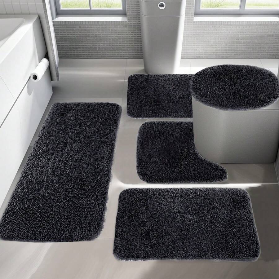 Bathroom Rug Mat Set 3/4/5 Piece, Mixed Color/Solid Color/Memory Foam Bath Mat Set, Non-Slip Ultra Soft Carpet Mats, Water Absorbent With U-Shaped Toilet For Bathroom, Tub, Shower, Thick Bathroom Mat, Machine Washable Bath Mat For Bathroom Floor - Black - View 1