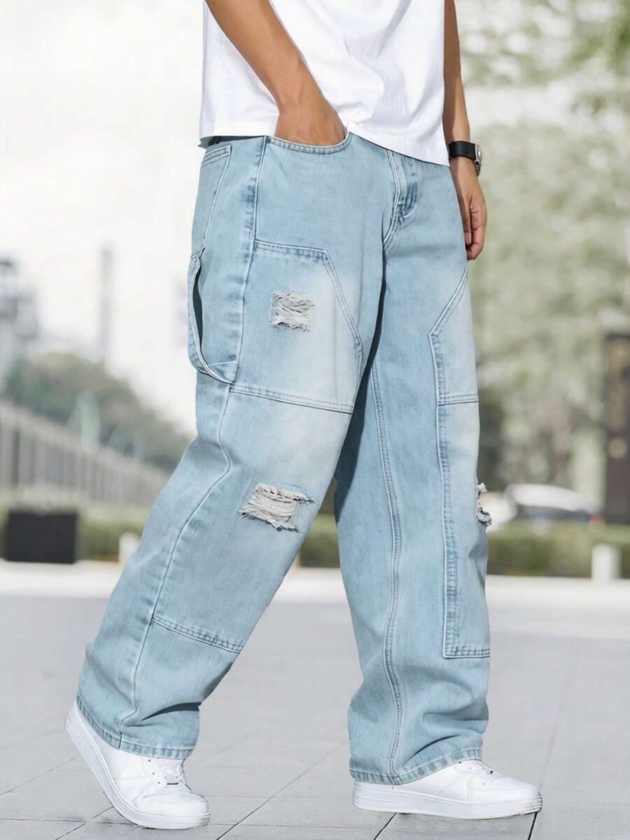 Men's Fashion Distressed Patch Embroidered Wide Leg Jeans - Light Wash - View 1
