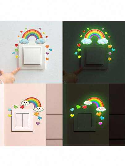 儿童房发光开关贴纸，心形、彩虹、云朵装饰，可移除墙贴，适用于卧室
