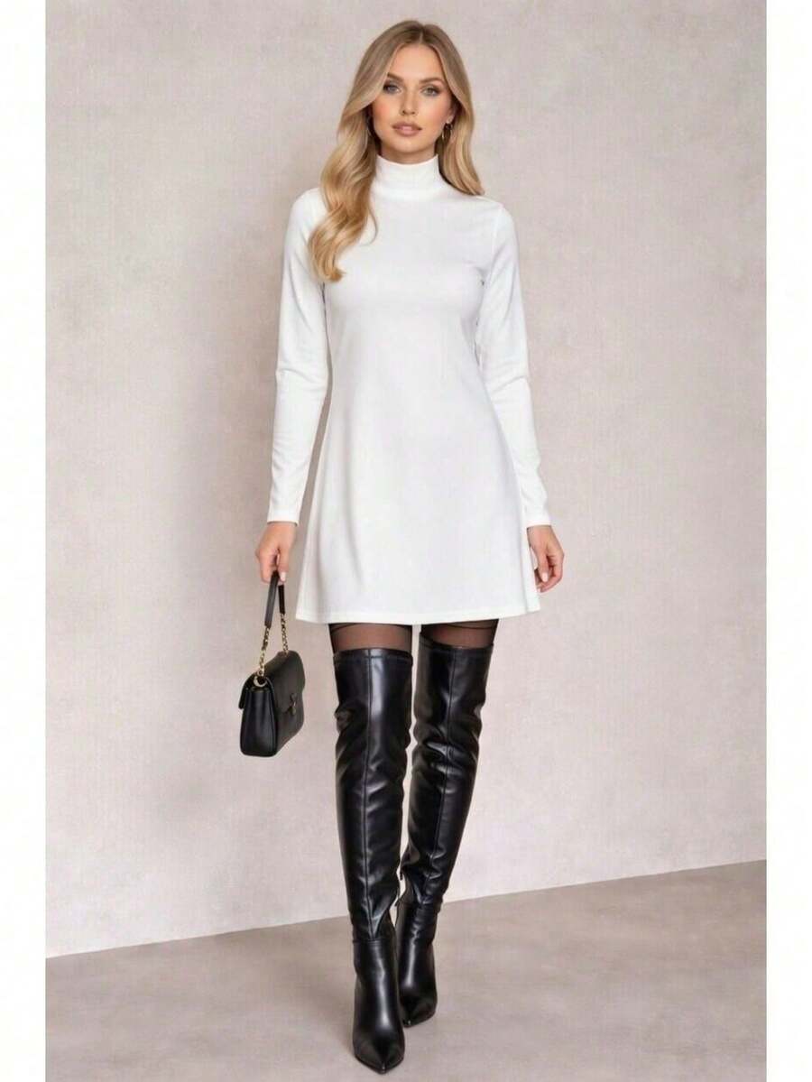 Short Dress In Premium Suedine Fabric, Boat Neck, Long Sleeves, Simple, Fitted, A-Line Silhouette, Solid Color, Elegant, Autumn/Winter Fashion. - 白色 - 查看 1