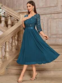 MIUSOL Đầm xòe tay lửng 3/4 bằng chiffon đính sequin hoa văn ren xếp ly, thanh lịch, thích hợp cho khách dự đám cưới, lễ tốt nghiệp, mùa xuân/hè, dáng chữ A dài đến đầu gối, trang phục ngày của Mẹ. - Màu xanh bụi bặm - Xem 7
