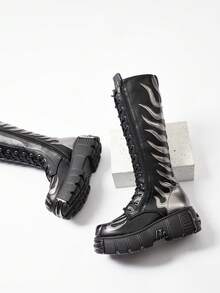 Flame Emborider Punk Boots For Women, Platform Gothic Knee Boots, Combat Fashion Motorcycle Shoes, Women's Zip Long Boots, Casual Metal Decor Shoes - 黑色 - 查看 5