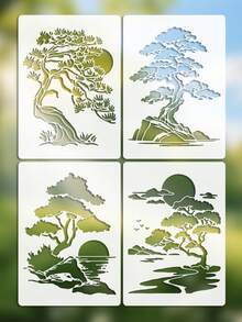 4 件套风景和松树图案模板，包含松树、太阳鸟等树木图案，可重复使用，可水洗，适用于 DIY、墙面艺术、工艺设计、美术设计、木制家具、剪贴簿和工艺品制作。 - 套裝 - 查看 1