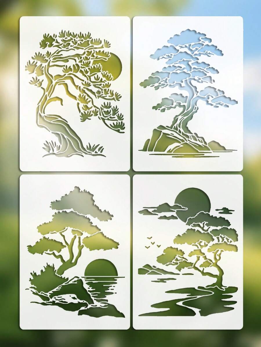 4 件套风景和松树图案模板，包含松树、太阳鸟等树木图案，可重复使用，可水洗，适用于 DIY、墙面艺术、工艺设计、美术设计、木制家具、剪贴簿和工艺品制作。 - 套裝 - 查看 1